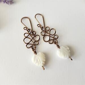 White Shell Heart Leaf Earrings / Antique Copper Wire Wrapped Dangle Earrings